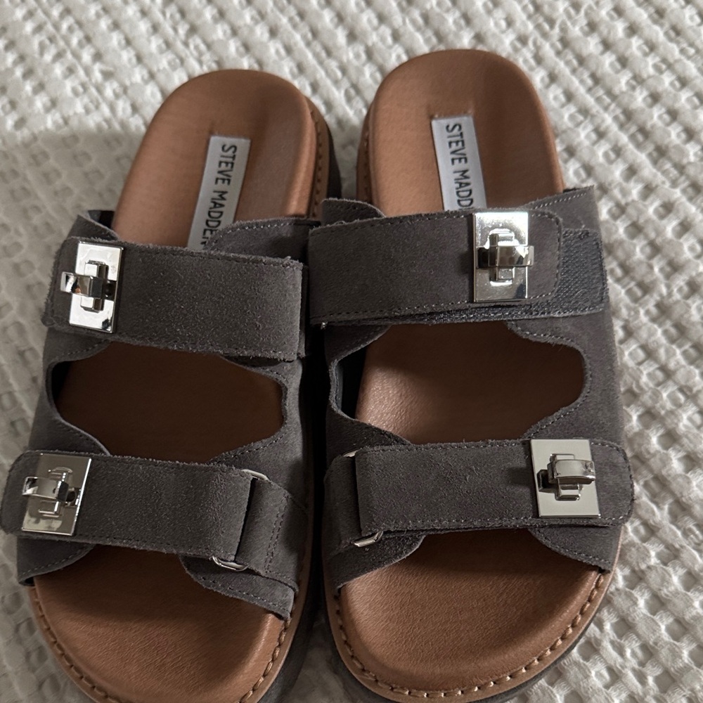 Steve Madden Charcoal Platform Slide Sandals with Silver Buckles